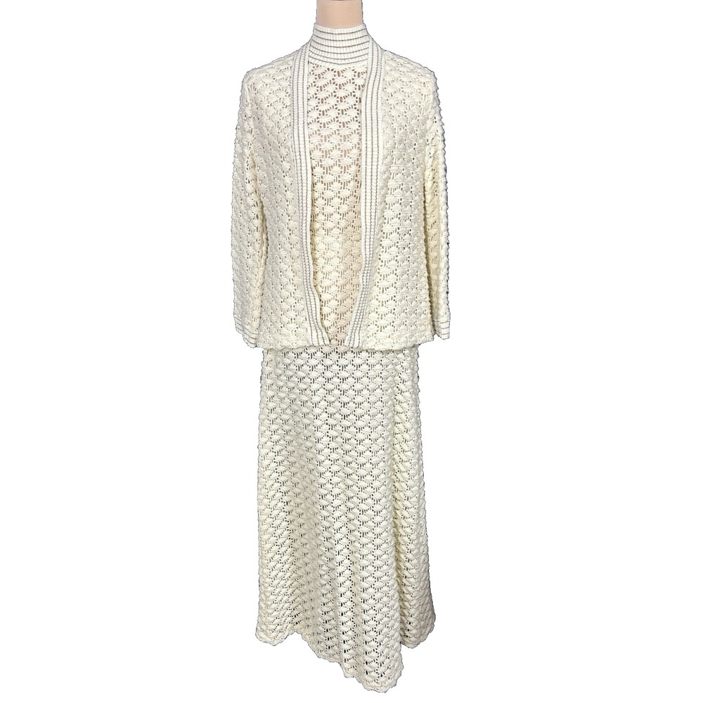 Vintage Cream Colored Crochet Maxi Dress & Jacket Size Small READ
